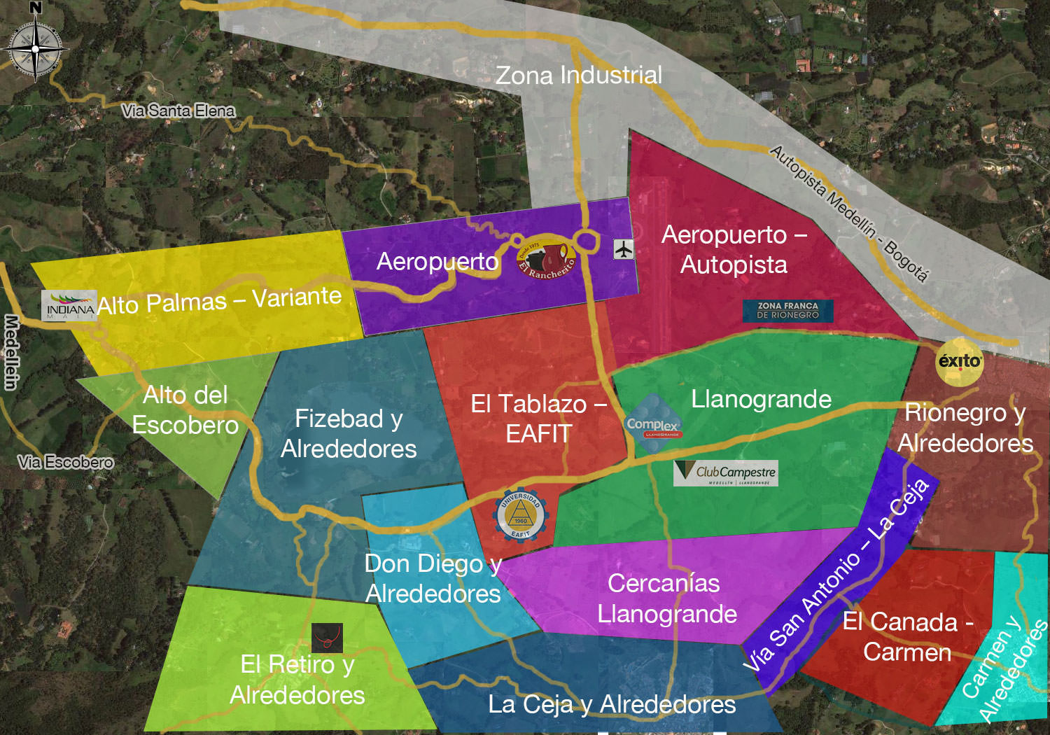 Mapa de zonas del Oriente Antioqueño